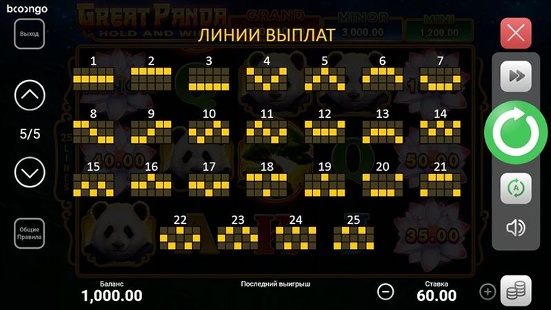 Линии слота Great Panda
