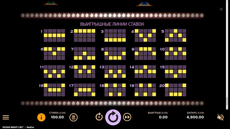 Линии слота Vegas Night Life